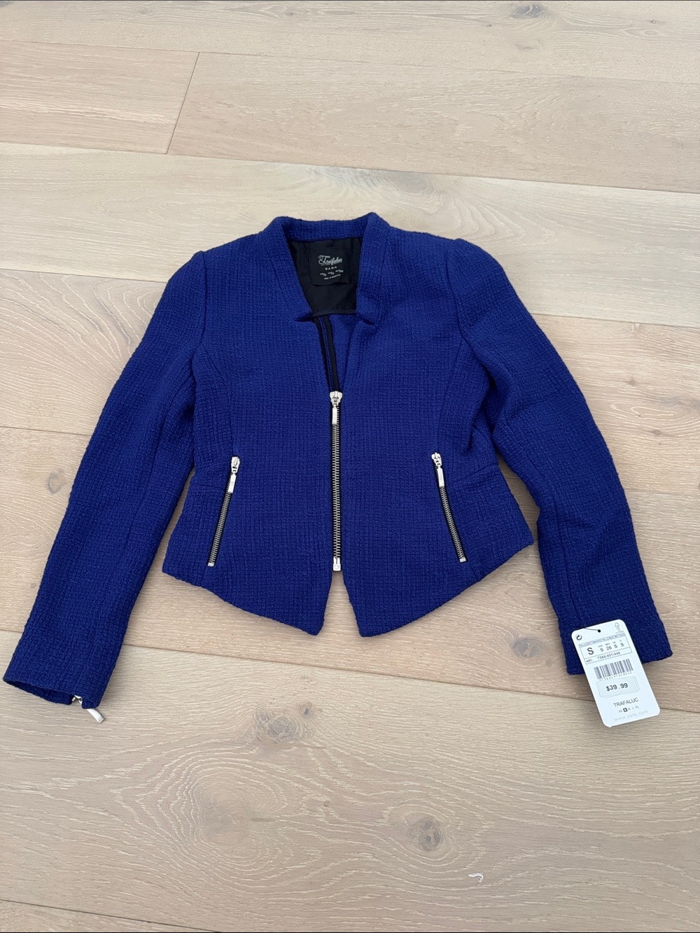 Zara Royal Blue Textured Zip-Front Blazer